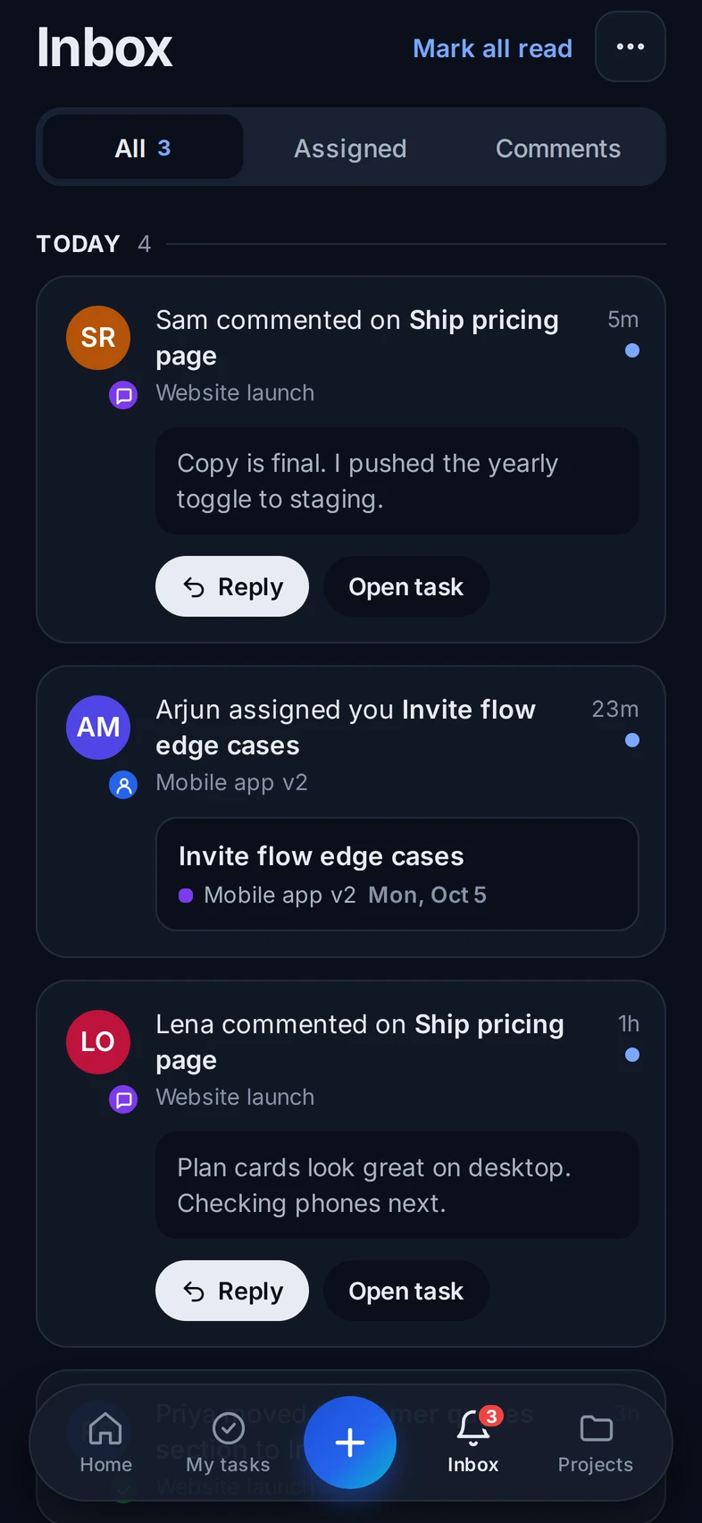 TaskRooms mobile Inbox with comments and assignments you can reply to