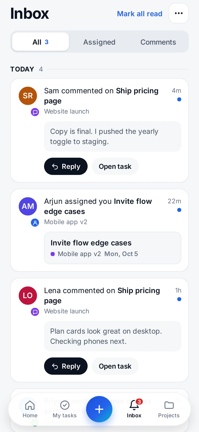 TaskRooms mobile Inbox with comments and assignments you can reply to