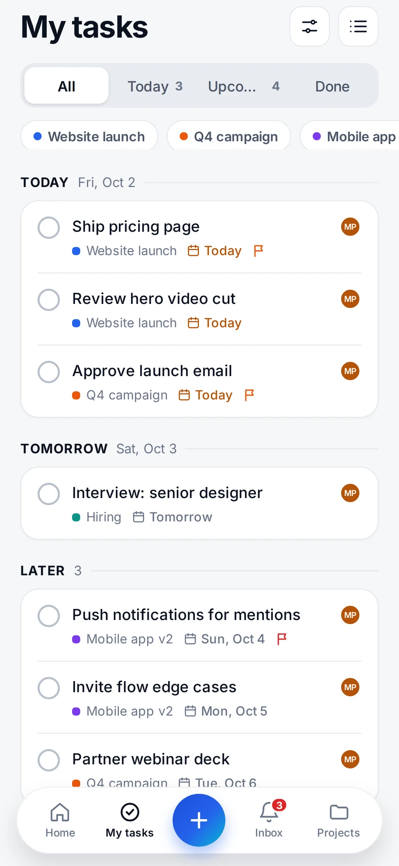 TaskRooms mobile My tasks, grouped into Today, Tomorrow and Later