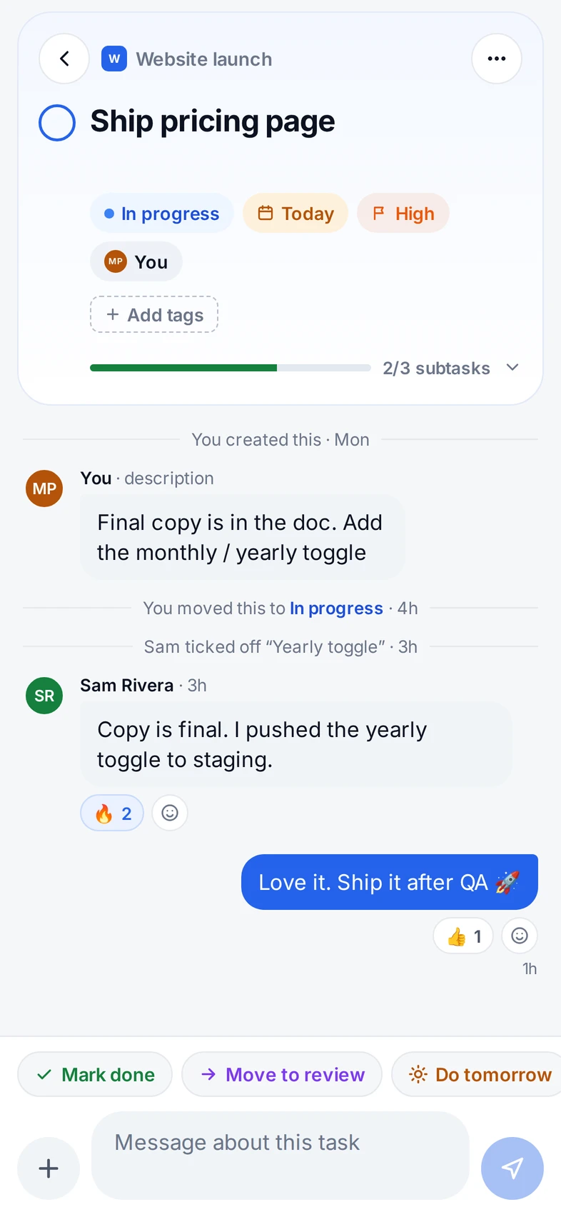 TaskRooms mobile task screen: status, due date and priority chips above a conversation with comments, reactions and quick actions