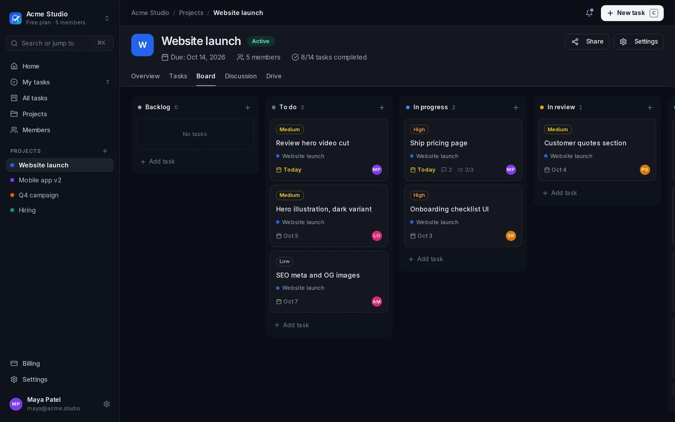 The TaskRooms web app showing the Website launch project as a board with To do, In progress and In review columns
